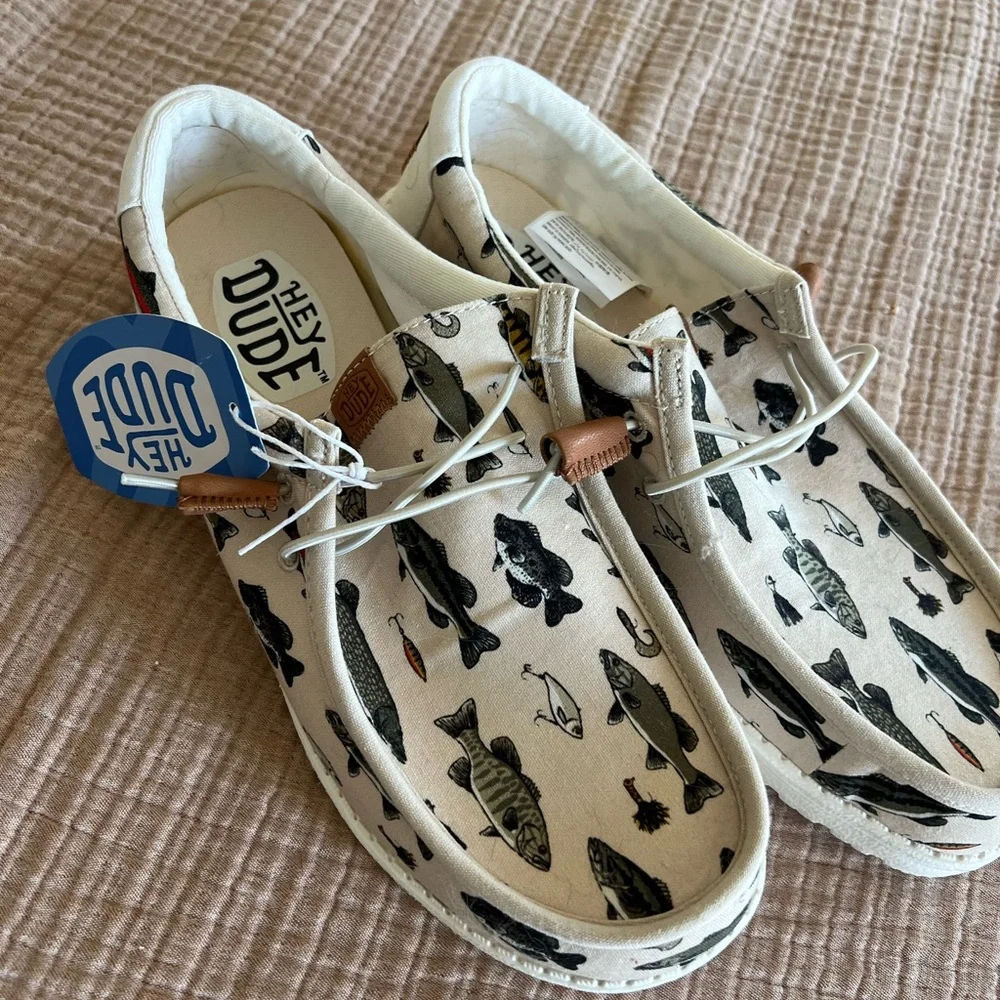 Hey Dude Mens Fish Pattern Moccasins - White and Black - Picture 1 of 6